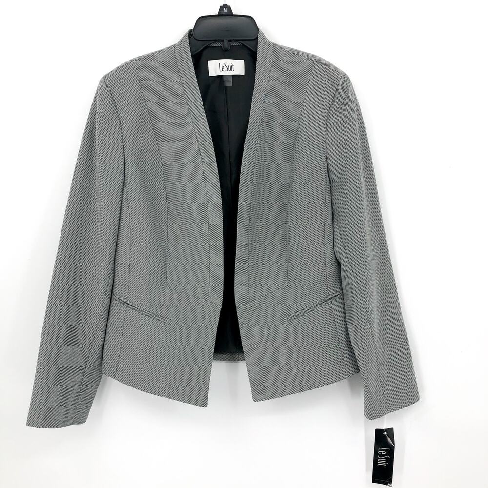 LE SUIT Collarless Open-Front Suit Jacket 6 Black White Micro Pattern Blazer NWT
